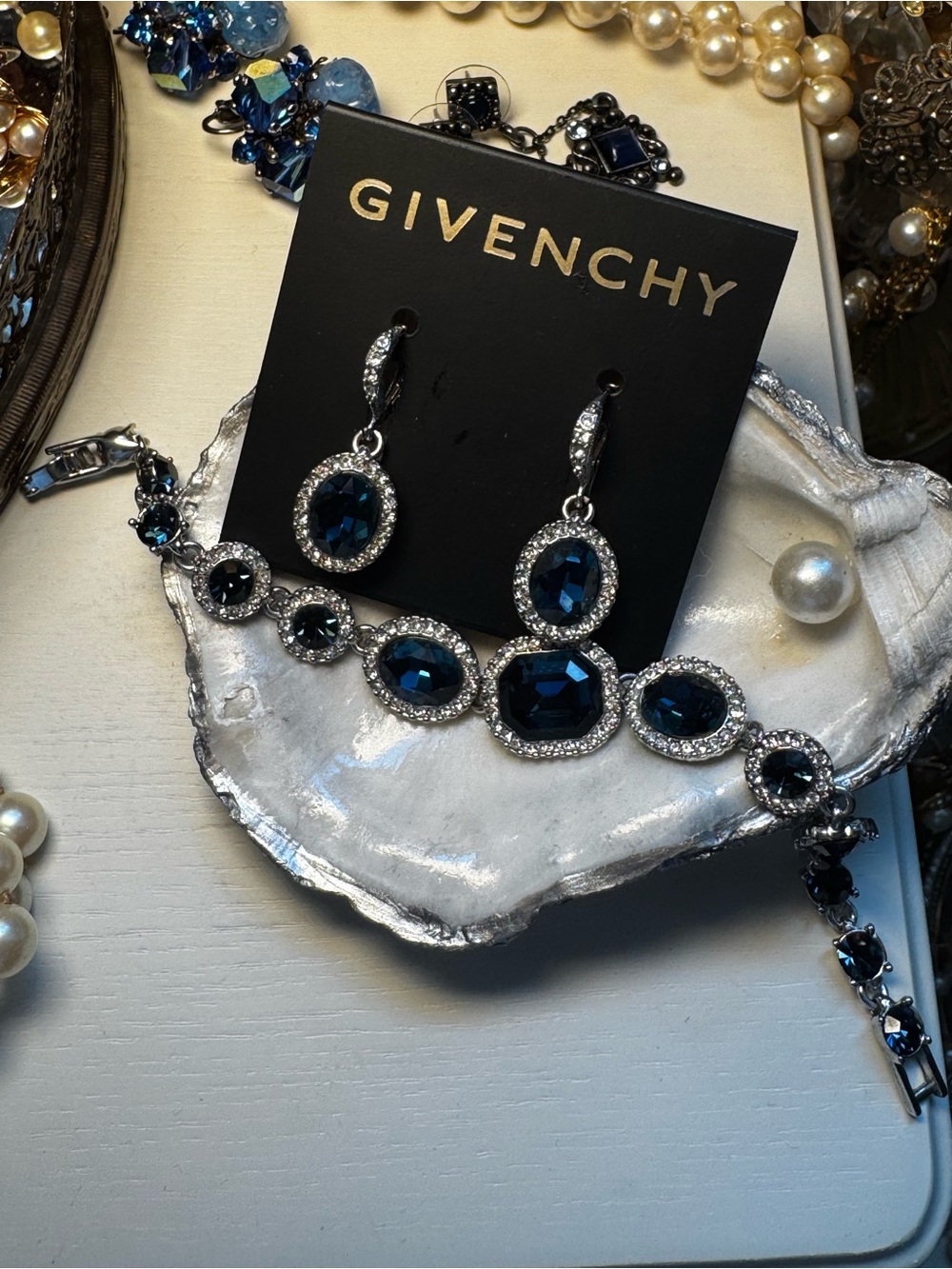 Givenchy Navy Crystal Drop Earrings and Bracelet Set